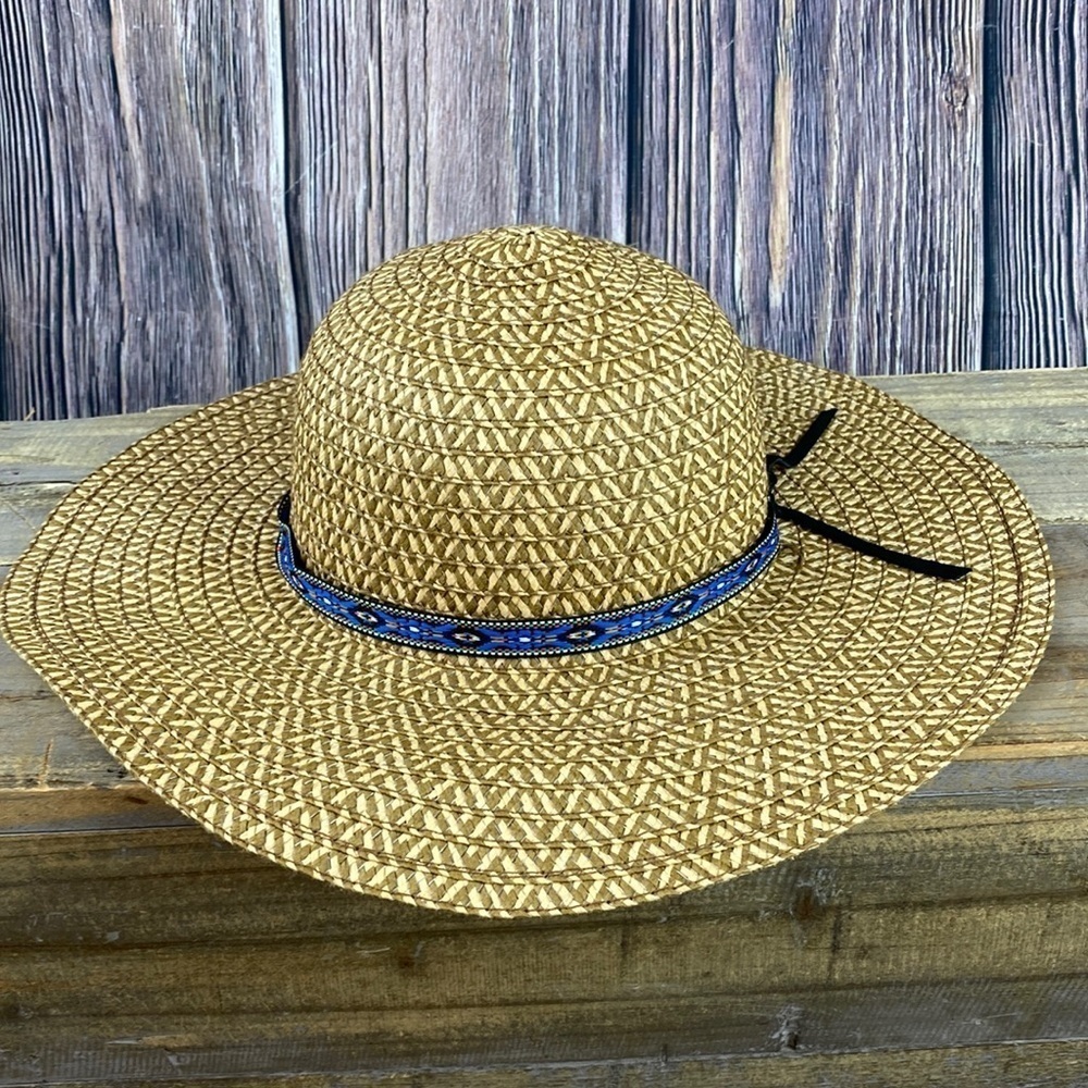 Straw Floppy Hat With Southwest Style Blue Band